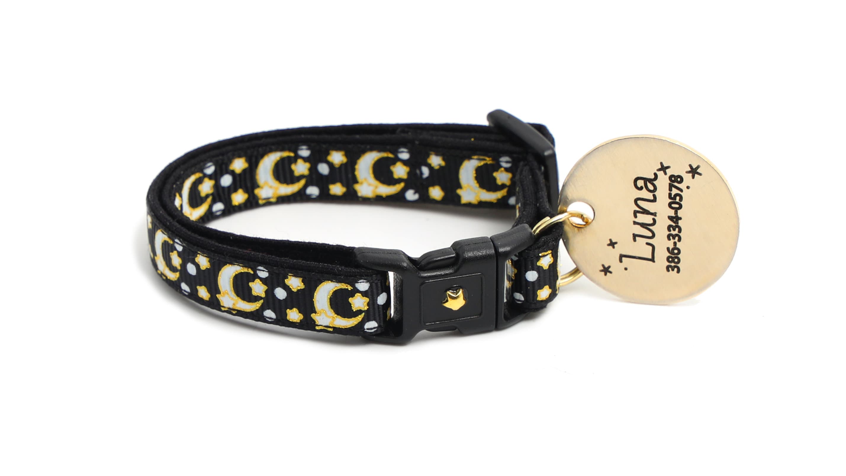 Gold Moons and Stars on Black V2 Cat Collar-6