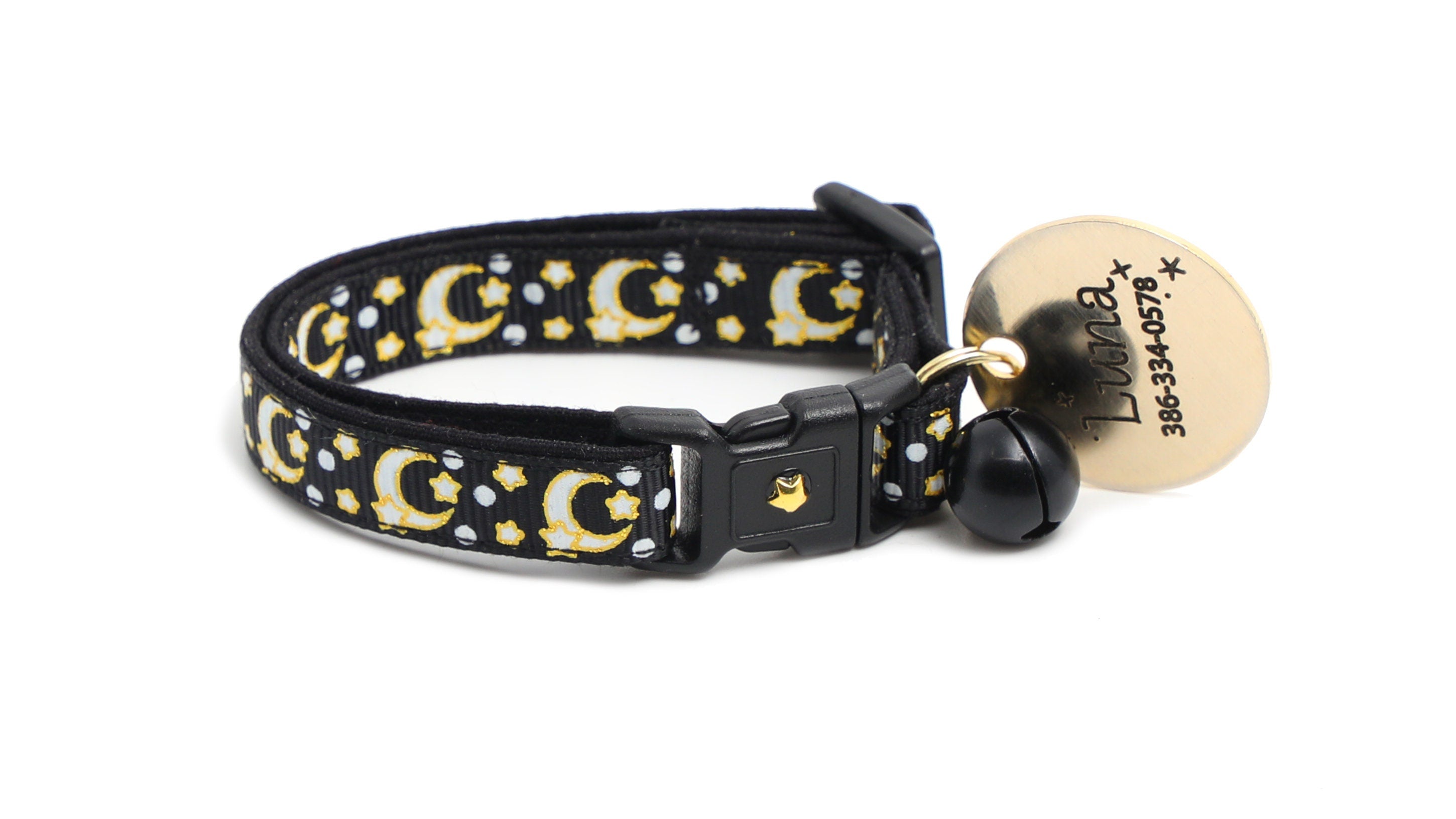 Gold Moons and Stars on Black V2 Cat Collar-7
