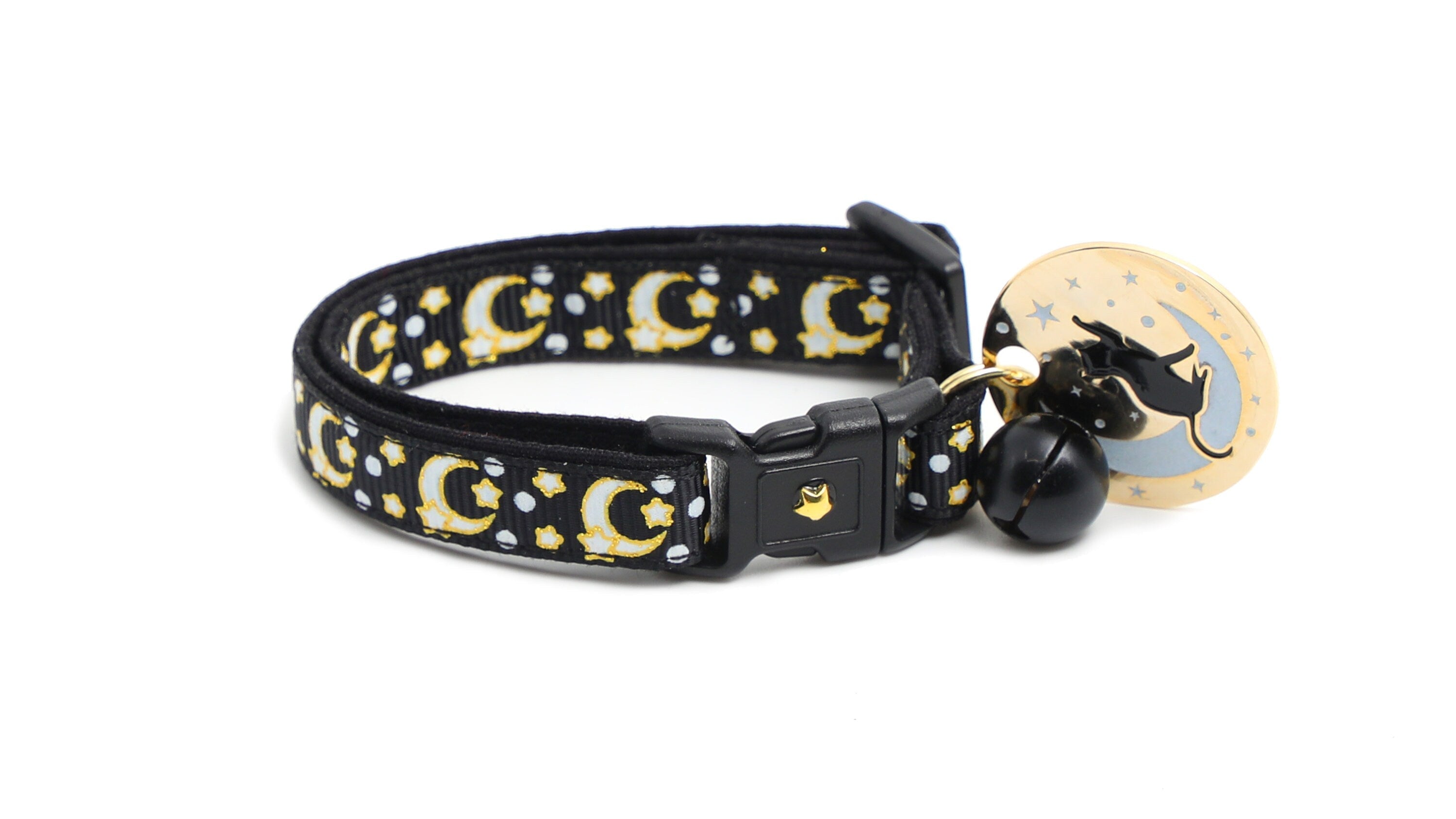Gold Moons and Stars on Black V2 Cat Collar-5